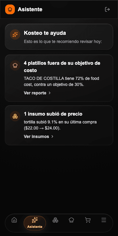 Kosteo: el asistente avisando qué platillo está fuera de su costo objetivo