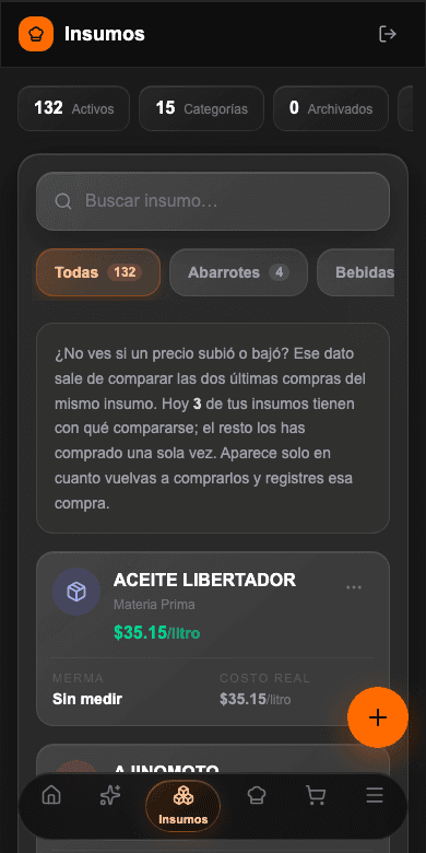 Kosteo: insumos con su precio y merma
