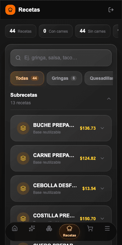 Kosteo: listado de recetas con su costo