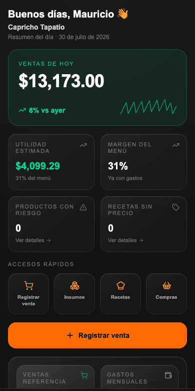 Kosteo en el celular, con las ventas del día